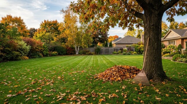 Autumn leaves collected in a pile under a large oak tree on a green lawn with residential houses.