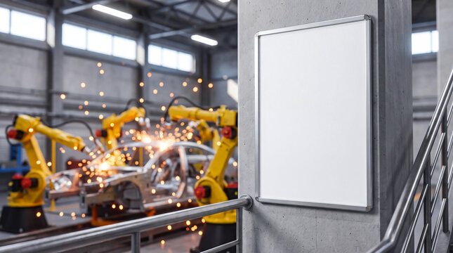 Robotic arms welding car chassis in factory with blank poster mockup