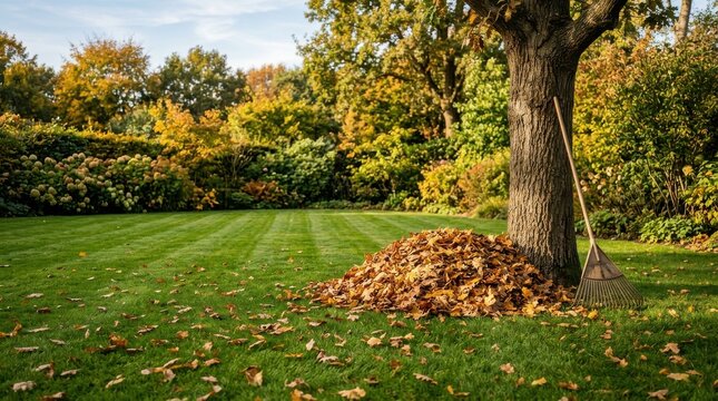 Autumn leaves collected in a pile under a tree on a green lawn with vibrant fall foliage in background.