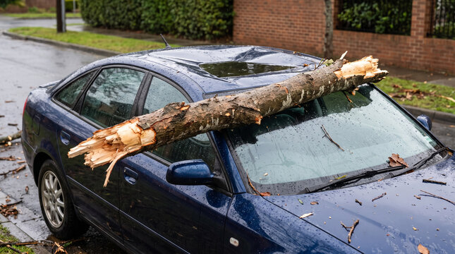 Car damaged by fallen tree branch during rainy weather  