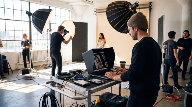 Photographer reviewing digital portraits on laptop in professional