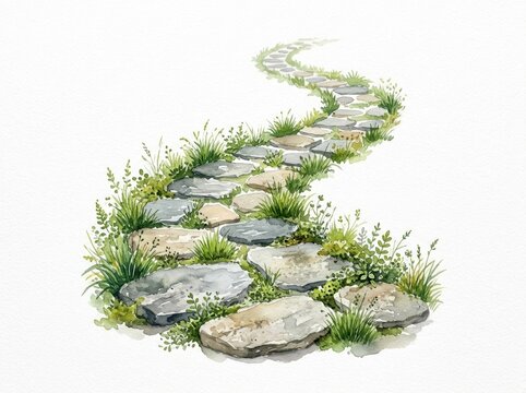 Stone pathway painted in watercolor winds gracefully with patches of green grass on a white background.