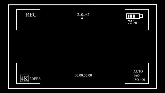 Video camera recorder screen overlay, camera recording screen interface with alpha channel, doodle camera viewfinders, dale cam viewfinder and cinema rec display on black screen.