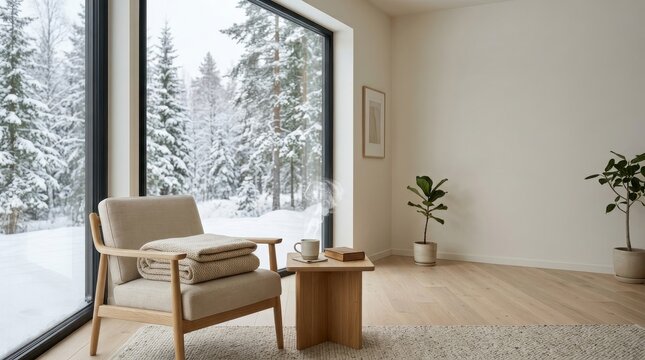 Cozy Scandinavian living room interior with armchair and winter snowy view.