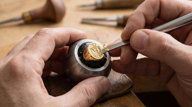 Engraver Hands Carving Crest Hatching with Flat Tint Tool on Gold Ring
