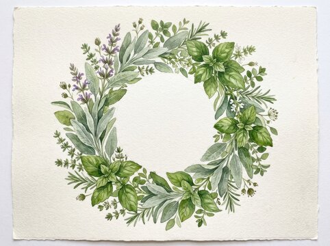 Herb wreath watercolor painting is presented on a textured sheet of deckle-edged paper.