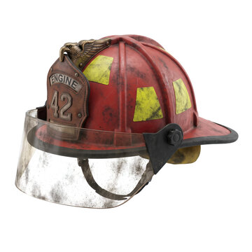 Traditional firefighter helmet isolated on a transparent or white background. Professional emergency response equipment, extreme rescue gear and safety protection.