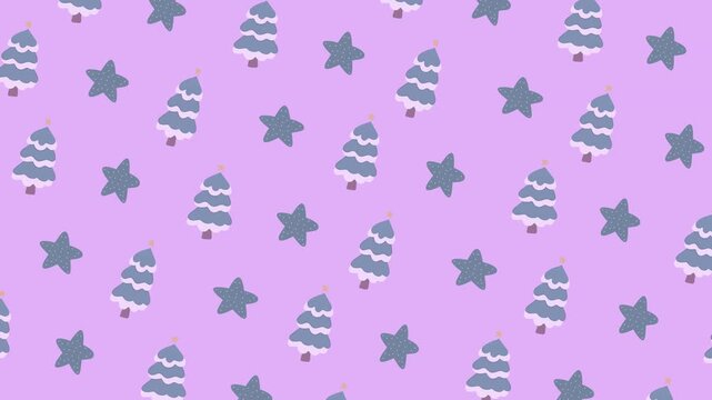 Seamless animated Christmas pattern with trees and stars on violet background