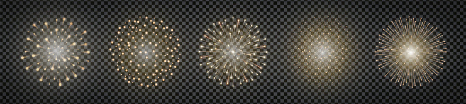 Gold realistic fireworks pack isolated on transparent background. Detailed firework png holiday celebration element. Stars, glitter, sparkles. Luxury festive abstract explosion. Vector illustration