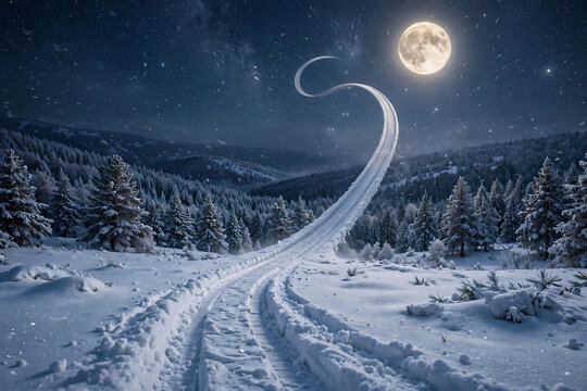 Sleigh tracks in fresh snow curving impossibly upward into a starry night sky toward the moon