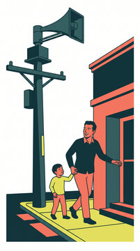 Father and son walking near tornado siren in urban setting  