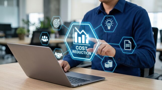 Strategic financial planning with holographic interface showing cost reduction charts for modern enterprise management.