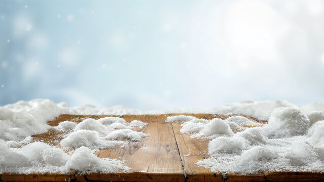 Winter product mockup with copy space &ndash; snowy mountain landscape and product placement. Clean space for product placement surrounded by fresh snow. Winter template for commercial campaigns.