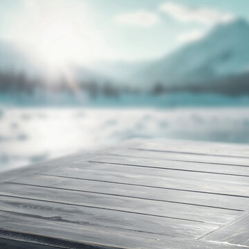 Winter product mockup with copy space &ndash; snowy mountain landscape and product placement. Clean space for product placement surrounded by fresh snow. Winter template for commercial campaigns.