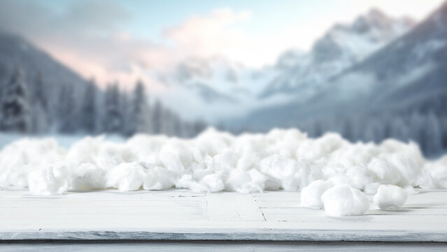 Winter product mockup with copy space &ndash; snowy mountain landscape and product placement. Clean space for product placement surrounded by fresh snow. Winter template for commercial campaigns.