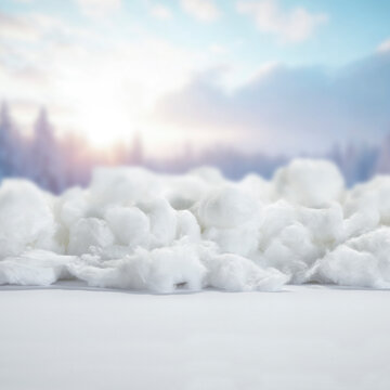Winter product mockup with copy space &ndash; snowy mountain landscape and product placement. Clean space for product placement surrounded by fresh snow. Winter template for commercial campaigns.