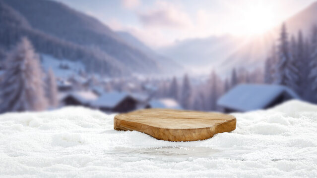 Winter product mockup with copy space &ndash; snowy mountain landscape and product placement. Clean space for product placement surrounded by fresh snow. Winter template for commercial campaigns.
