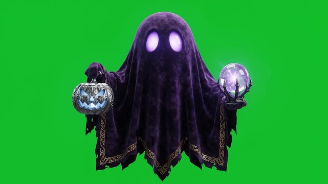 Purple Velvet Ghost Holding Crystal Ball on Green Screen Chroma Key