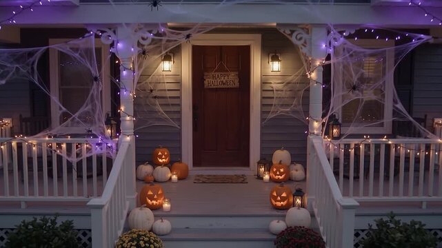 Spooky Halloween Front Porch with Glowing Pumpkins and Spiderwebs
