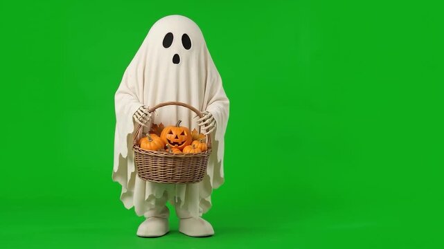 Ghost Figure with Skeleton Hands Holding Jack-o-Lantern on Green Screen