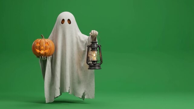 Floating White Cloth Ghost with Jack-o-Lantern on Green Screen Chroma Key