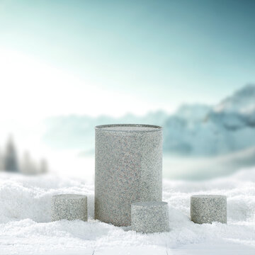 Winter mockup composition with clean space for product placement surrounded by fresh snow. Blurred snowy mountain landscape in the background. Clear copy space for product, logo, text or advertising.