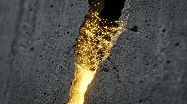 Golden crack in concrete wall with glowing light effect for