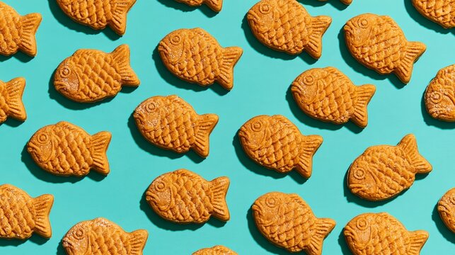 Food background with fish-shaped cookies on turquoise surface for