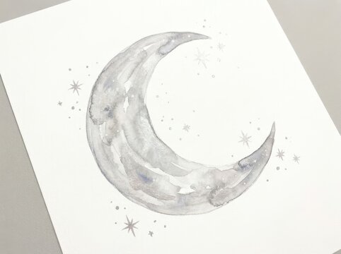 Paper sheet containing a watercolor painting of a grey crescent moon lies angled on a neutral surface.