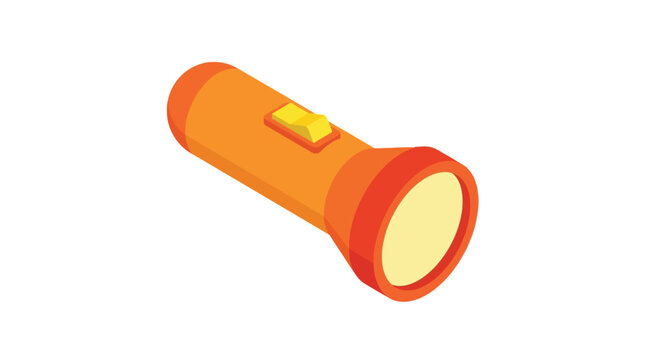 Bright orange isometric flashlight featuring yellow switch details rendered in clean vector graphic style
