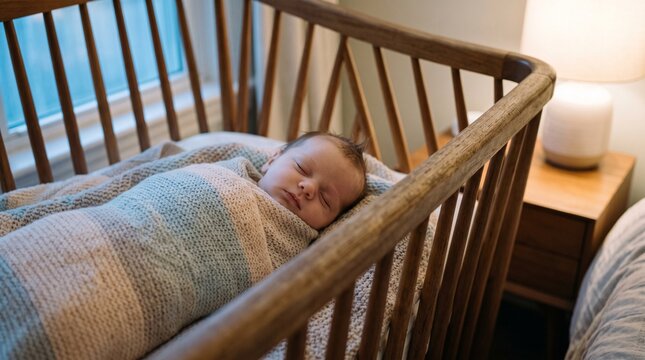 Adorable newborn baby sleeping peacefully swaddled in a knitted blanket inside a modern wooden crib in a nursery room
