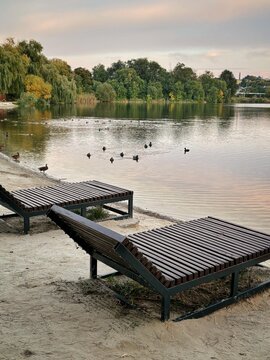 Wooden Sunbeds on Sandy Beach along Lake Coast at Sunset