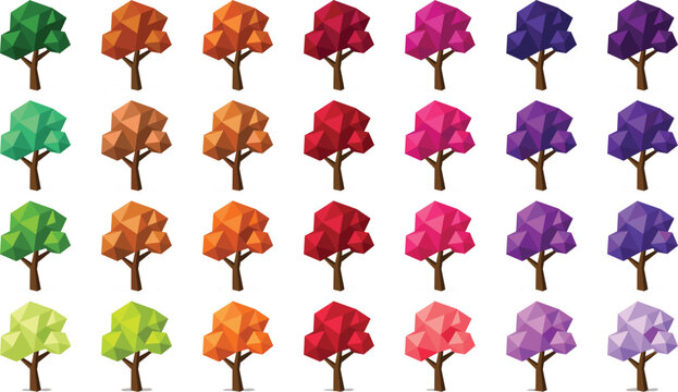 Colorful geometric low poly tree vector asset collection featuring multi colored polygonal autumn and spring foliage