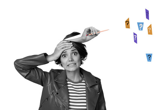 Composite artwork collage image picture of worried minded girl arm pencil question mark inside head isolated on creative background