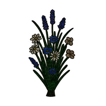 A detailed floral arrangement featuring lavender daisies and cornflowers is presented as a vector illustration on a white background botanical bouquet