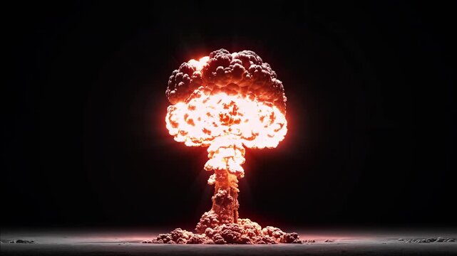 Glowing red mushroom cloud over a dark wasteland, nuclear war aftermath seamless vj loop for war and conflict stories