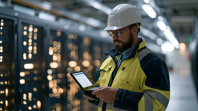 Wide view inside a data center hallway with rows of illuminated server racks, a technician in safety gear monitoring AI inference load dashboards on a portable terminal, cloud