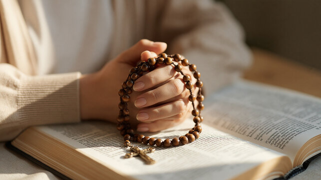 Close up of a rosary wrapped around folded hands resting on an open scripture, soft natural light falling across worn beads and thin onionskin pages, the intimate still life