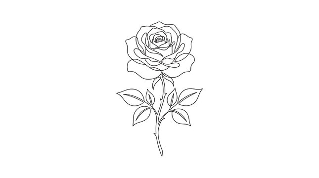 Minimalist single line drawing of a blooming rose flower with leaves