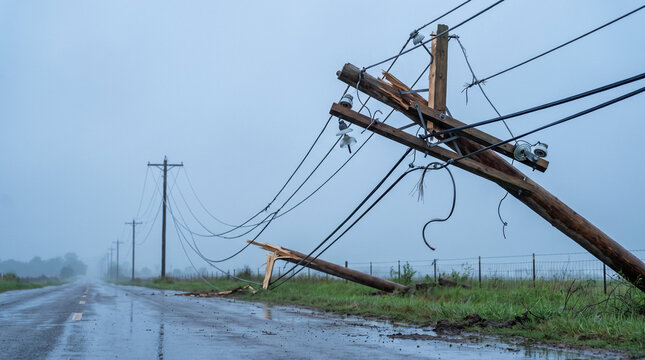 Tornado-damaged power lines lying on a wet rural road  
