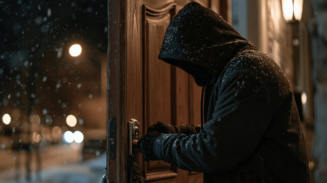 Shadowy figure in dark hoodie picking a deadbolt lock on a weathered wooden door under flickering streetlight during heavy December snowfall, forensic crime drama mood for