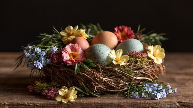 Natural eggs nested in straw with fresh colorful flowers on a rustic wooden table create a beautiful zero waste decoration for the Easter holiday season.