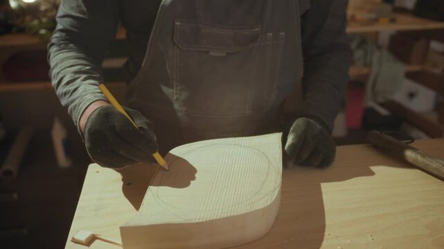 Skilled joiner uses pencil and gloves to trace intricate patterns on raw wooden blocks in workshop focusing intently on detail woodworking joinery craftsman