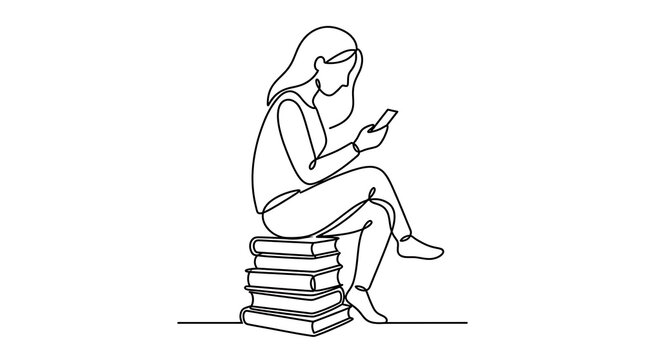 Woman sitting on a stack of books looking at a smartphone
