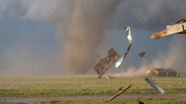 Debris flying in a tornado on a stormy landscape  