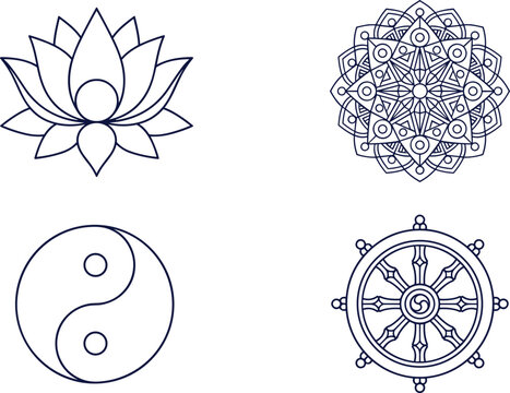Spiritual oriental zen symbol line icon set featuring lotus flower detailed mandala yin yang and dharma wheel
