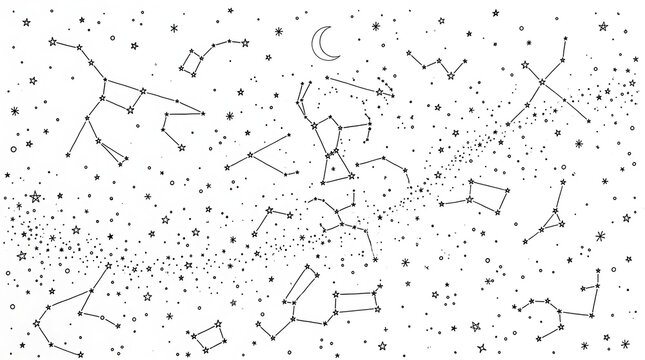 Black and white illustration of constellations and stars in the night