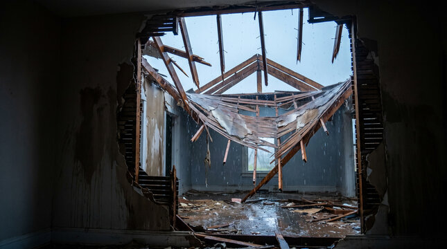 Damaged house interior with exposed roof after tornado destruction  