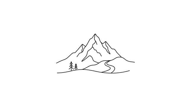 Minimalist line art drawing of a mountain peak with trees