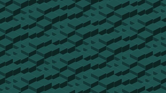 Dark teal isometric rolling cube wall, a wall of cubes rolling in slow crossing swells, seamless looping geometric background